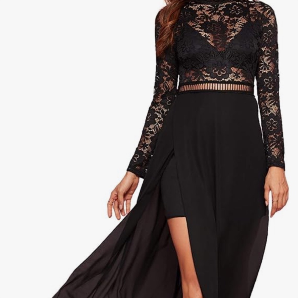 Women's Sexy Sheer Lace Long Sleeve Split Maxi Cocktail Long